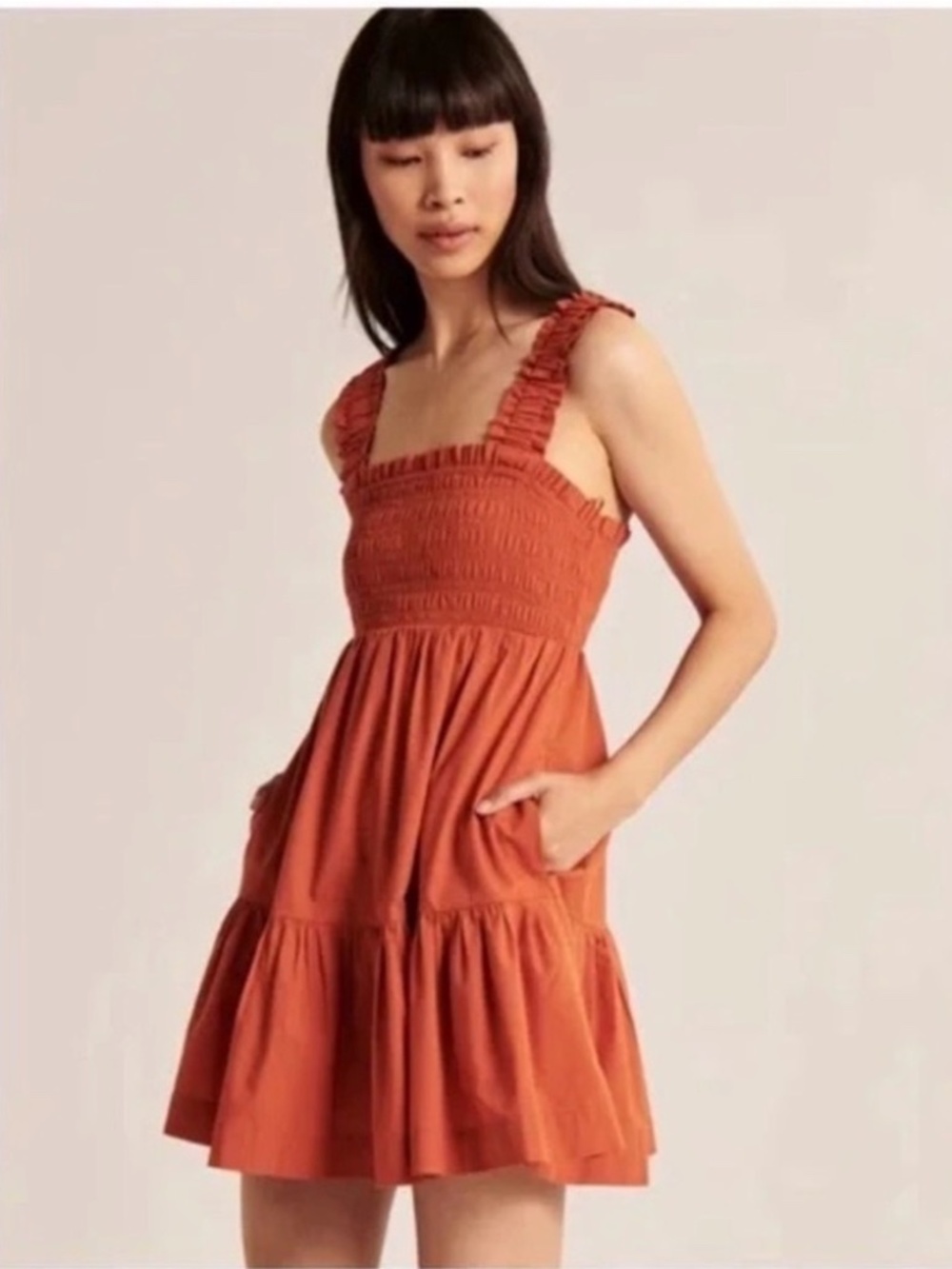 Abercrombie & Fitch Burnt Orange Sundress Smocked Scrunchie Strap 2 Tier Small - Picture 14 of 14